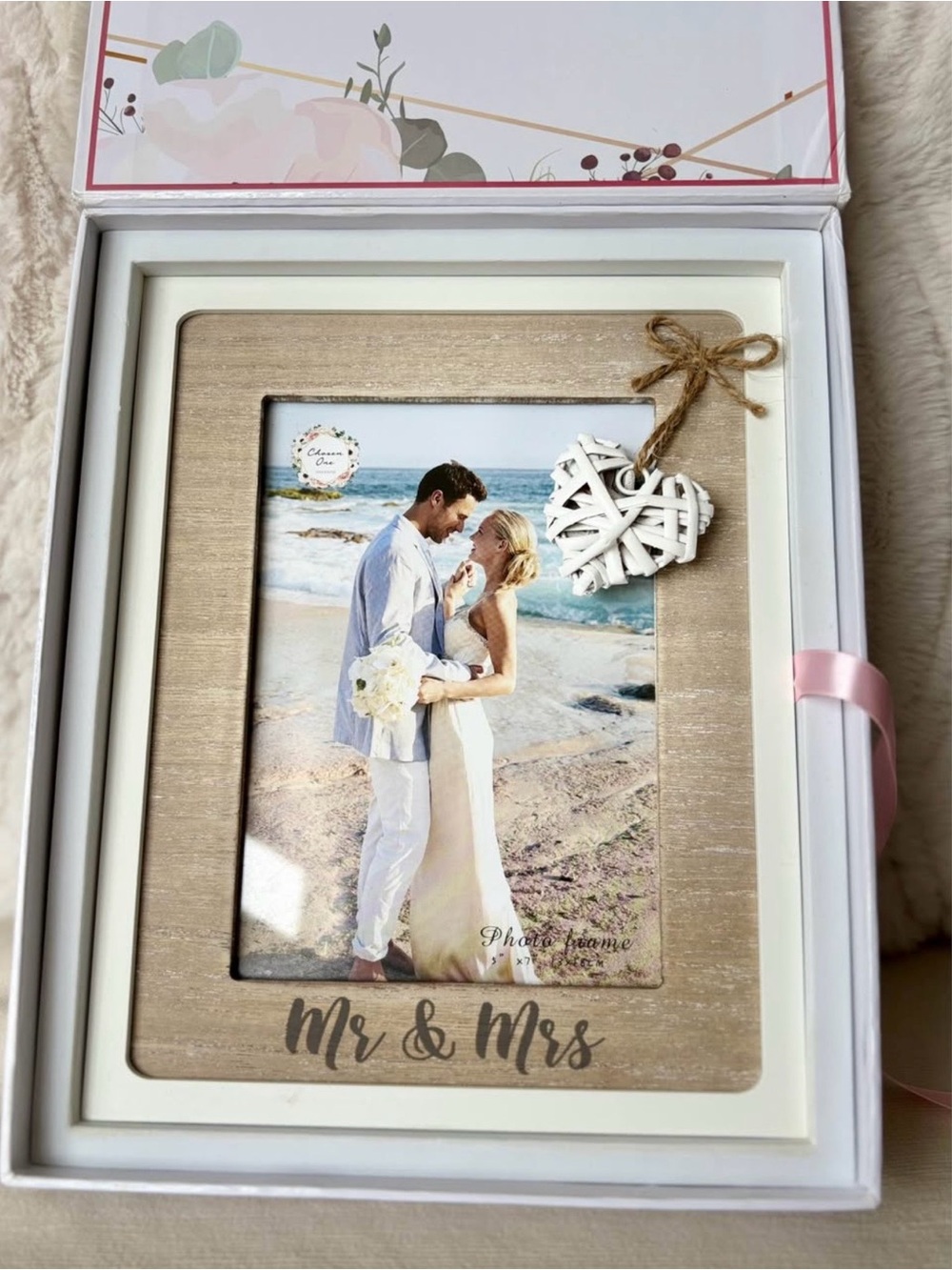 Mr & Mrs Rustic Wood Wedding Photo Frame - White Accent 5x7
